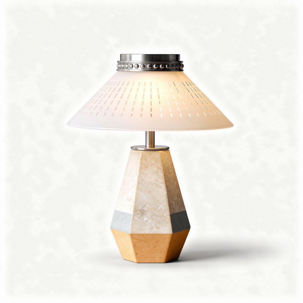 Geometrische tafellamp van beton en kunststof met metalen details 30 x 30 x 45cm