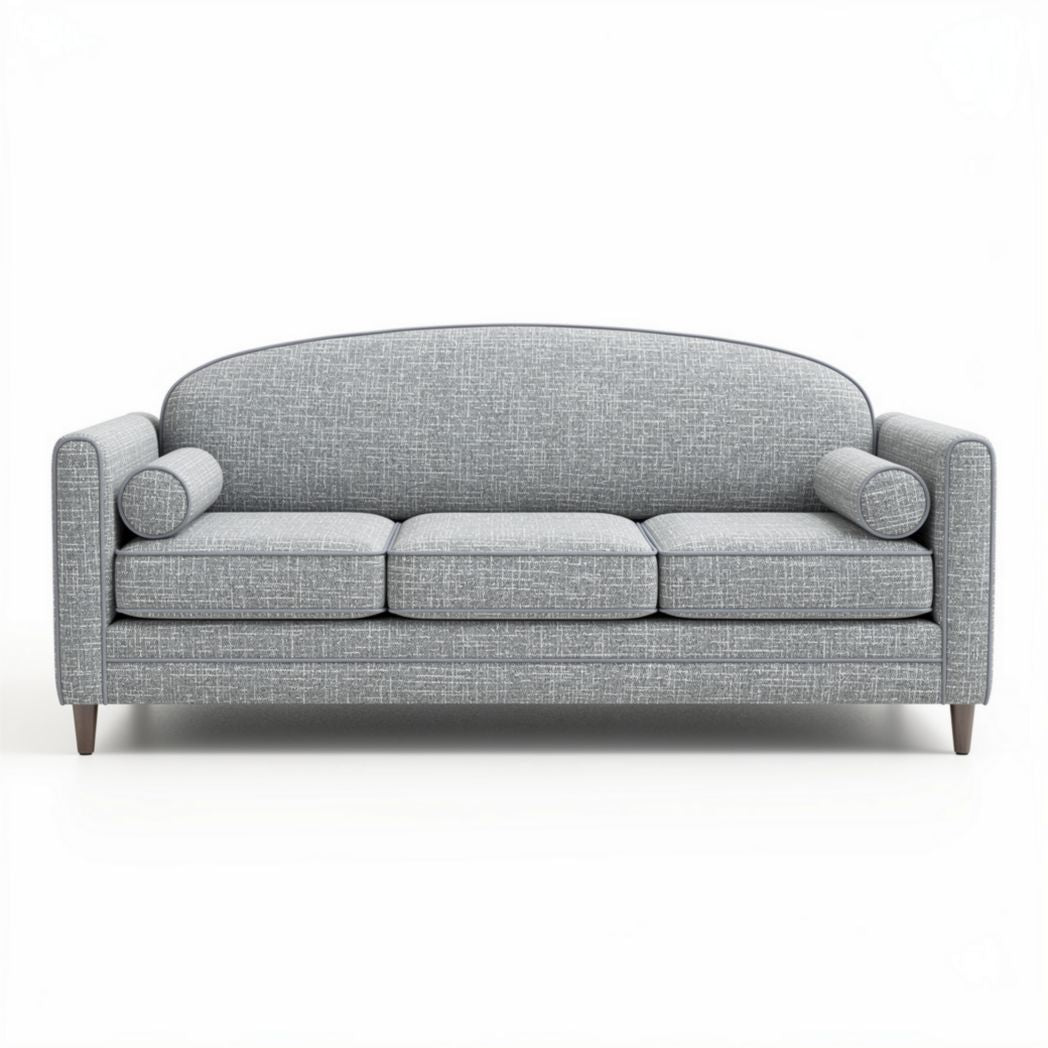 Grijs stoffen bankstel met afgeronde rug en houten poten 180 x 80 x 75cm