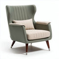 Stoere fauteuil met gestreepte bekleding en houten poten in groen en beige