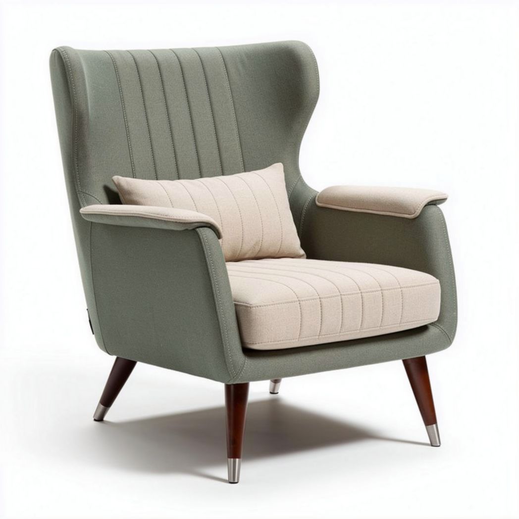 Stoere fauteuil met gestreepte bekleding en houten poten in groen en beige