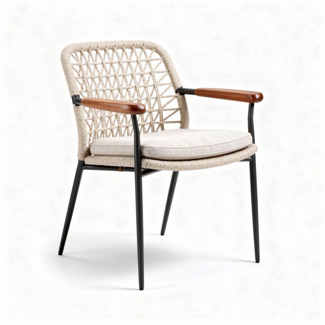Stoel van rotan met houten armleuningen en kussen in beige 60 x 60 x 80cm