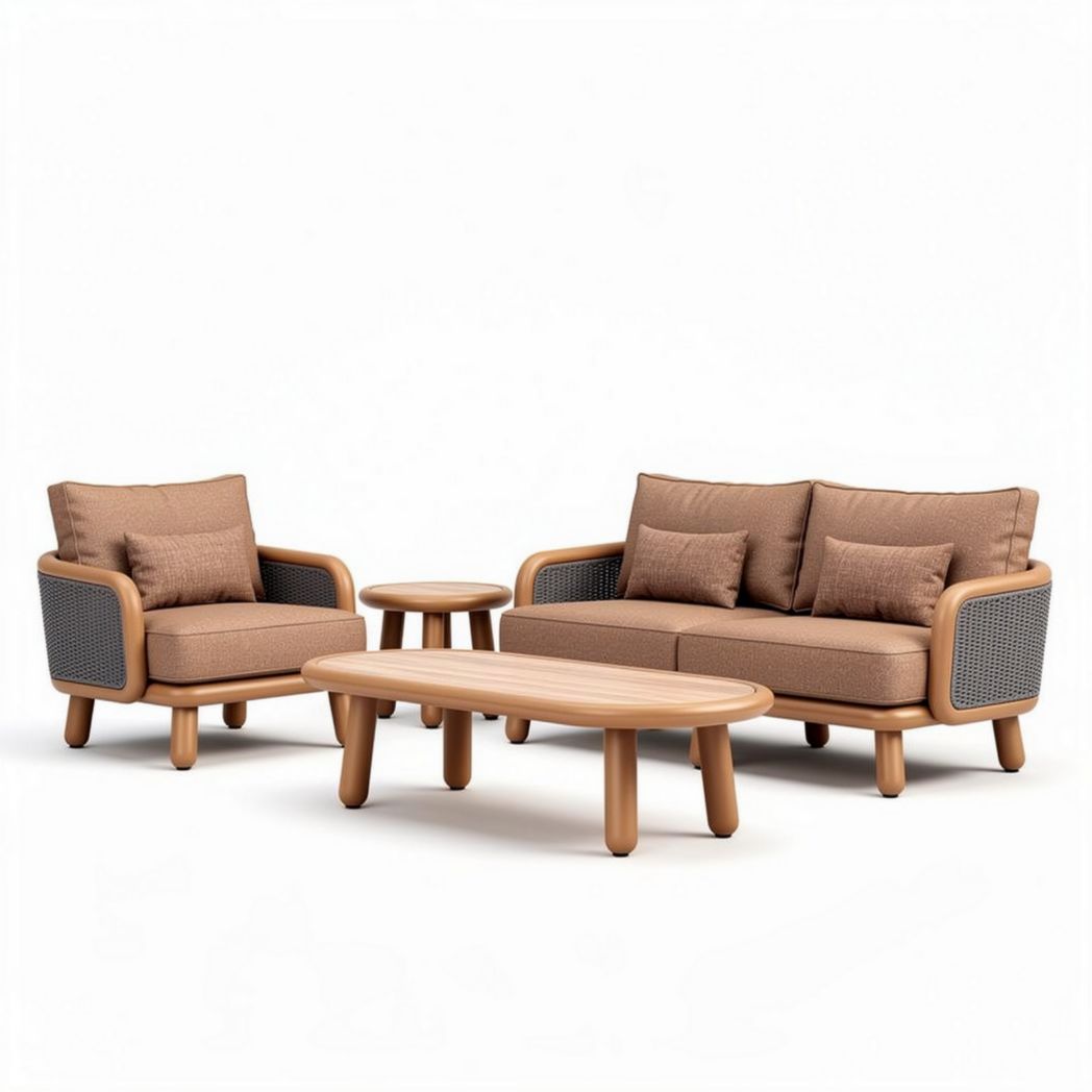 Tuinmeubilair set van hout en rotan met lichtbruine bekleding 150 x 80 x 75cm